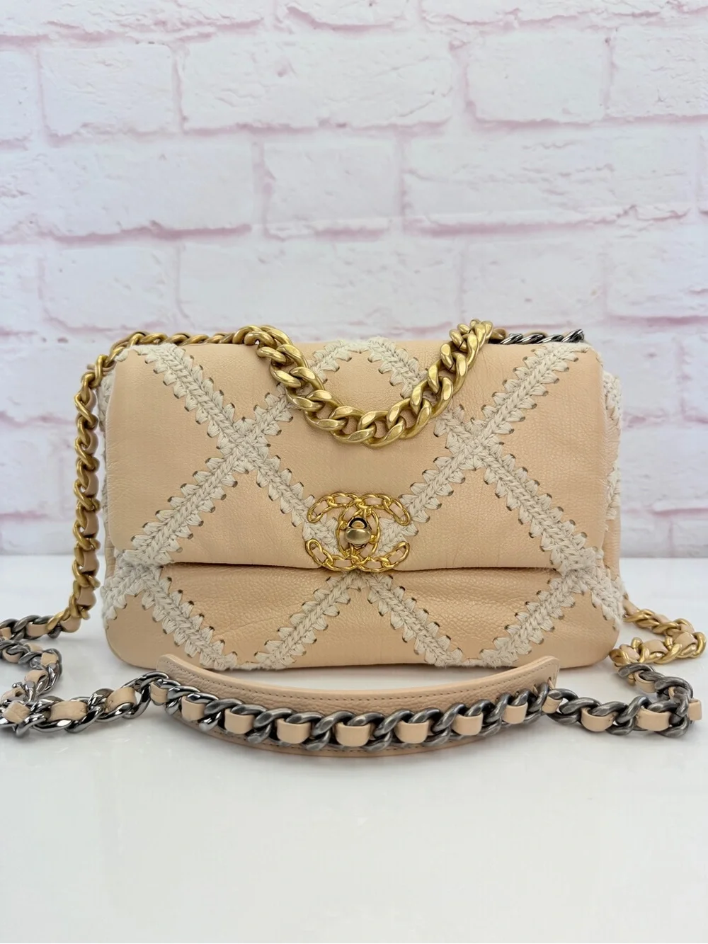 Chanel 19 Flap Medium Calfskin Crochet Shoulder Bag Beige